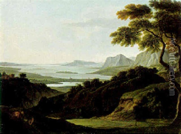 An Extensive Landscape With Cattle On A Path Oil Painting - Joseph (Charles) Cogels