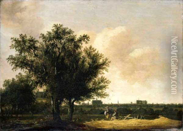 A View Of Leiden, With Figures Resting In The Foreground Oil Painting - Pieter Cosyn