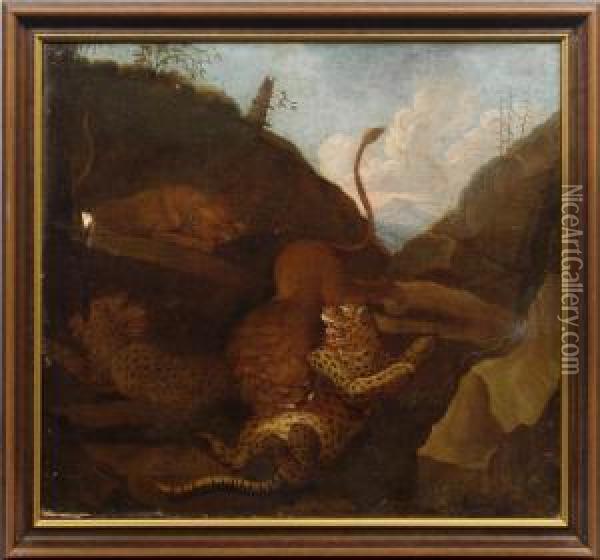Kampfende Leoparden Und Lowen In Einer Berglandschaft Oil Painting - Carl Borromaus Andreas Ruthart