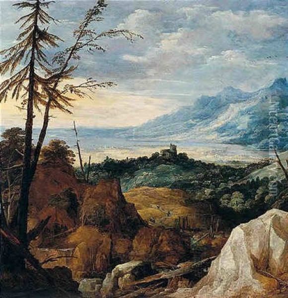 An Exstensive Landscape With Pinetrees Oil Painting - Joos de Momper the Younger