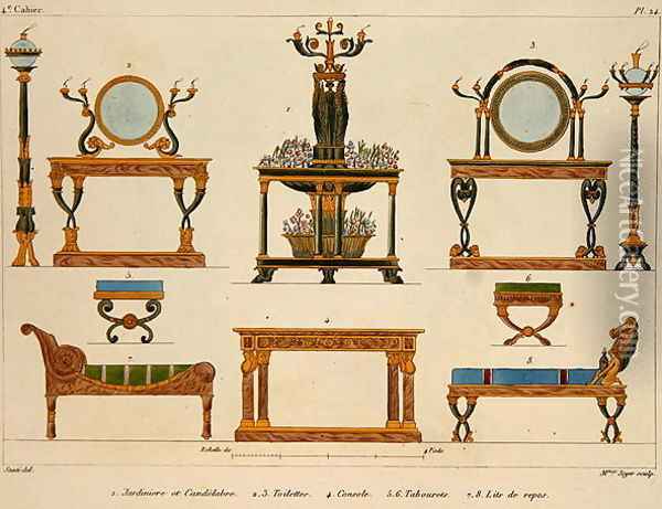 Furniture designs, engraved by Mme Soyer, plate 24 from Modeles de Meubles et de decorations interieures pur les meubles, published 1828-41 Oil Painting - M. Santi