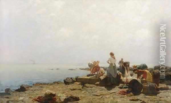On The Beach, Abbazia Oil Painting - Olga Wisinger-Florian