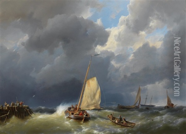 Fishing Boats In Stormy Seas Oil Painting - Hermanus Koekkoek the Elder
