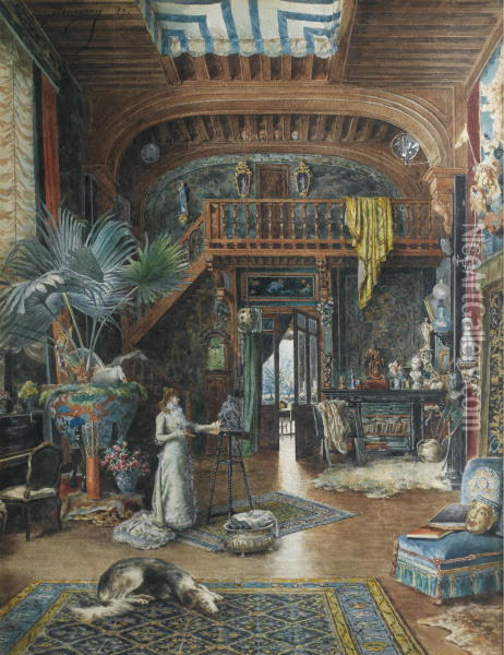 Sarah Bernhardt Sculptant Dans Son Atelier, Rue Fortuny Oil Painting - Marie Desire Bourgoin