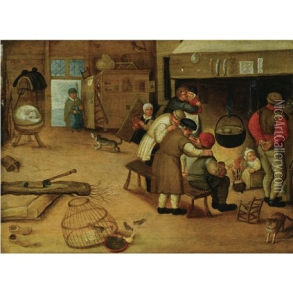 Interior With Peasants Warming Themselves By A Fire Oil Painting - Pieter Balten