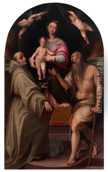 Thronende Madonna Mit Kind, Heiligem Bernhard Und Paulus Eremita Oil Painting - Agostino Carracci