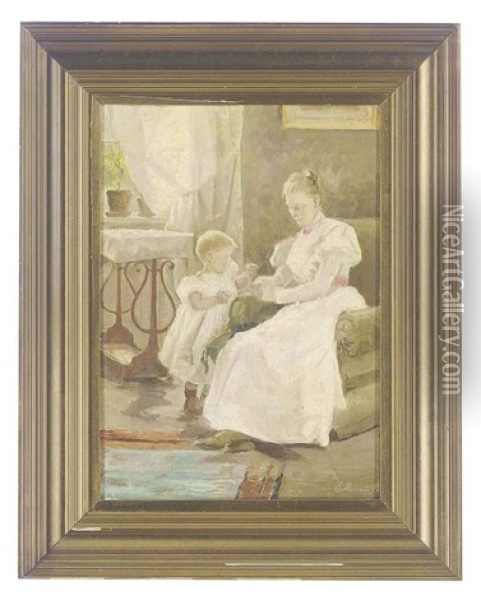 Mother And Child In An Interior Oil Painting - Emilie (Caroline E.) Mundt