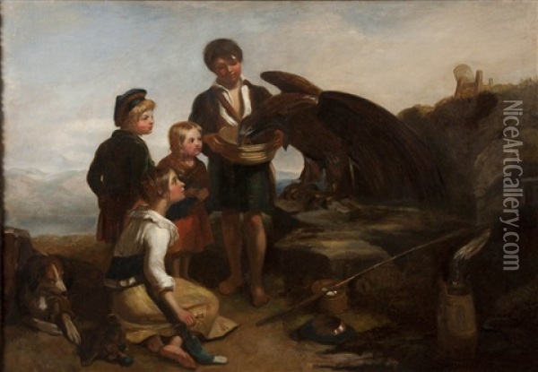 Children On The Edge Of A Mountain With Dog, Feeding A Large Eagle (+ Untitled Sketch, Pencil; 2 Works) Oil Painting - Robert Scott Lauder