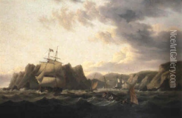 English Men-o'-war And Other Shipping Off Falmouth Estuary Oil Painting - Thomas Luny