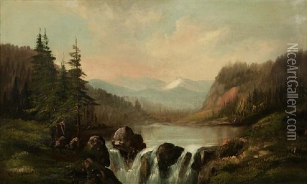 On River (russian River?), California River Landscape With Mountains In The Distance Oil Painting - Ransom Gillet Holdredge