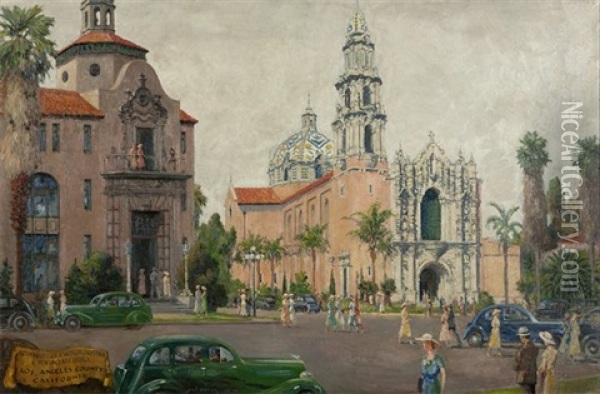 Automobile Club Of Southern California & St. Vincents Church Los Angeles Street Scene Oil Painting - Christian Siemer