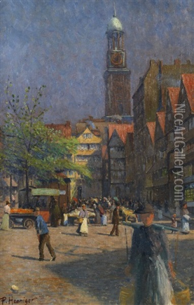 Hamburg - Schaarmarkt Mit Michaeliskirche Oil Painting - Paul Hoeniger