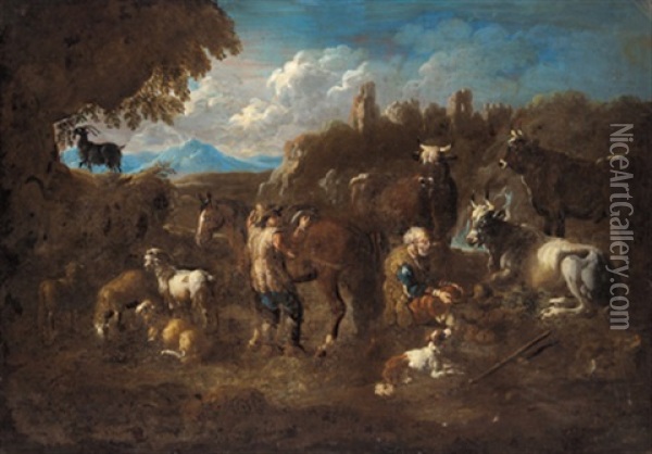 Pastori E Animali In Un Paesaggio Oil Painting - Jacob (Rosa di Napoli) Roos