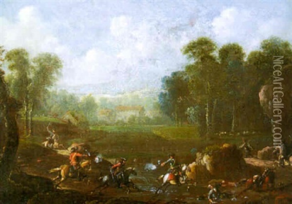 Landschap Met Strijdende Ruiters Oil Painting - Jan van Huchtenburg
