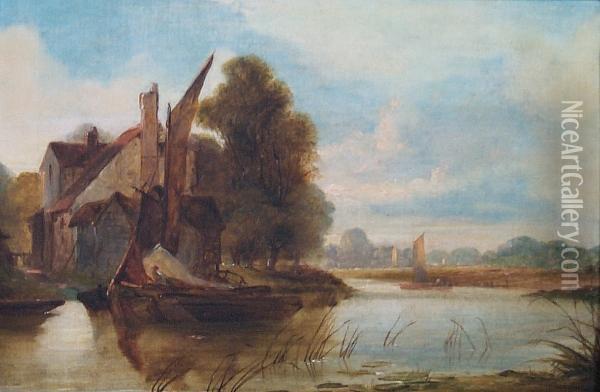 Boats On A Bend In The River Oil Painting - Alfred Priest