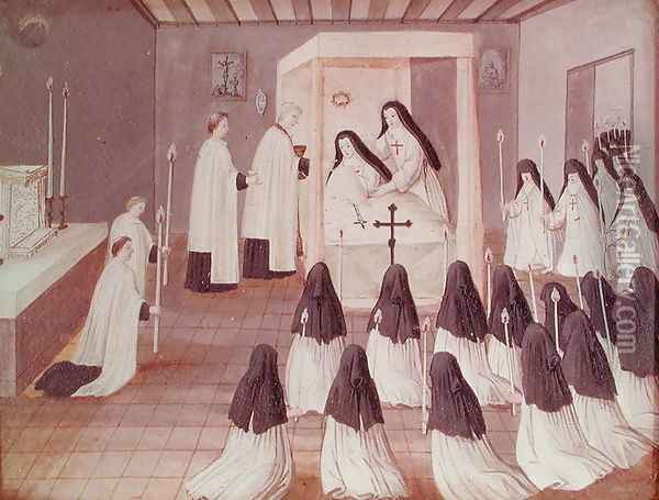 Administration of Holy Communion to a Nun, from 'L'Abbaye de Port-Royal', c.1710 Oil Painting - Cochin, Louise Madelaine