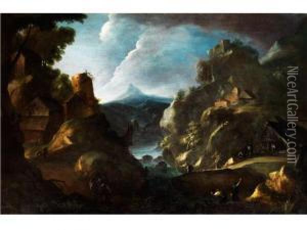 Fantasielandschaft Mit Burgruine, Hausern Und Anglern An Einem
Ins Tal Fuhrenden Fluss Oil Painting - Bartolomeo Pedon