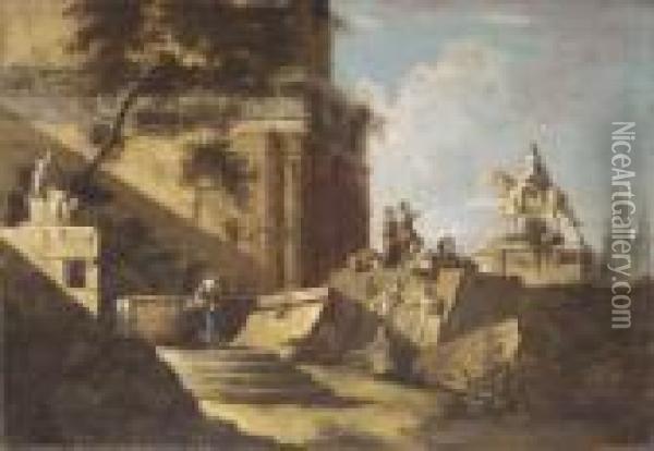 Architectural Capriccio With Figures Amongst Ruins Oil Painting - Marco Ricci