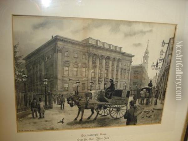 Goldsmith's Hall From The Post Office Yard Signed Lower Left,en Grisaille Oil Painting - William Snr Luker