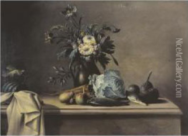 Nature Morte Au Chou, Poisson Et Vase De Fleurs Oil Painting - Nicolas Henry Jeaurat De Bertry