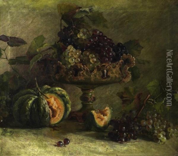 Rich Still Life With Goblet, Grapes And Pumpkin Oil Painting - A. Becker
