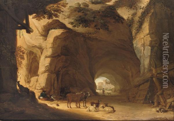 Herdsmen And Their Cattle Resting In A Grotto Oil Painting - Lambert Doomer