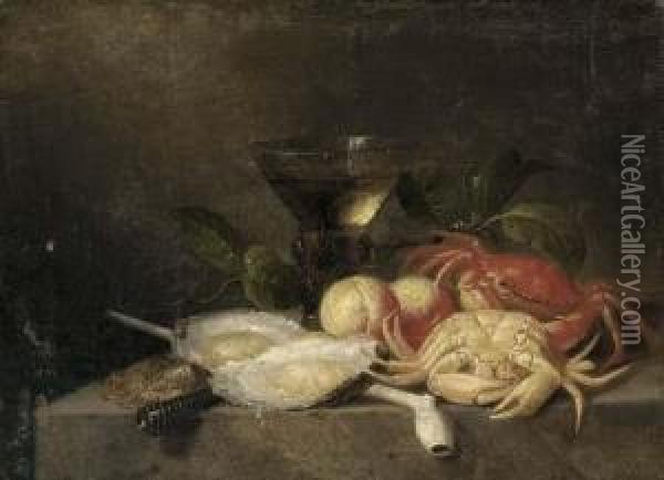 A Roemer, Peaches, Crabs, Oysters, A Clay Pipe And A Knife On A Stone Shelf Oil Painting - Theodorus Smits