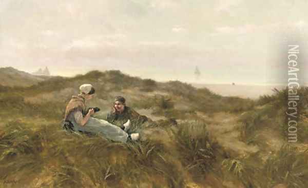 Flirting in the dunes Oil Painting - August Bohnhorst