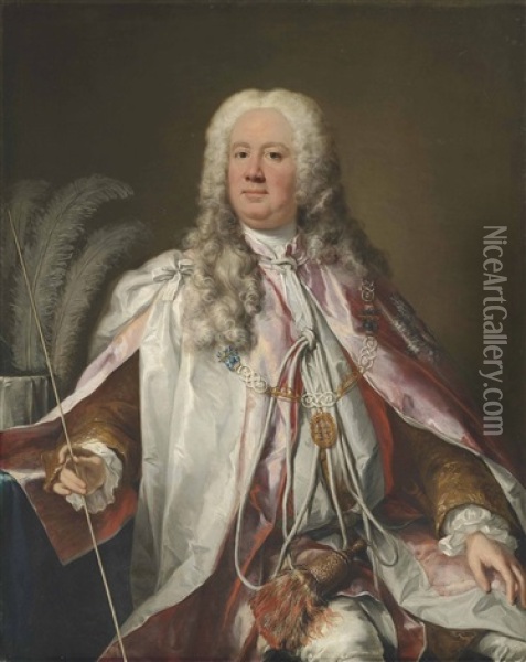 Portrait Of A Gentleman, Thought To Be Francis, 2nd Earl Of Godolphin (1678-1766), Three-quarter-length, In Robes Of The Order Of The Bath, A Wand Of Office In His Right Hand Oil Painting - Jacopo Amigoni