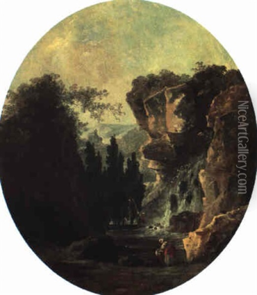 Landscape With Waterfall Oil Painting - Hubert Robert