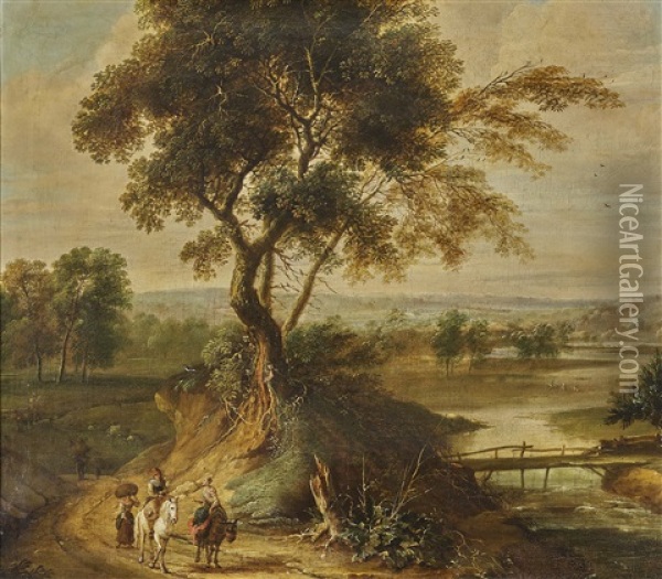 River Landscape With Travellers On The Country Road Oil Painting - Jan Wildens