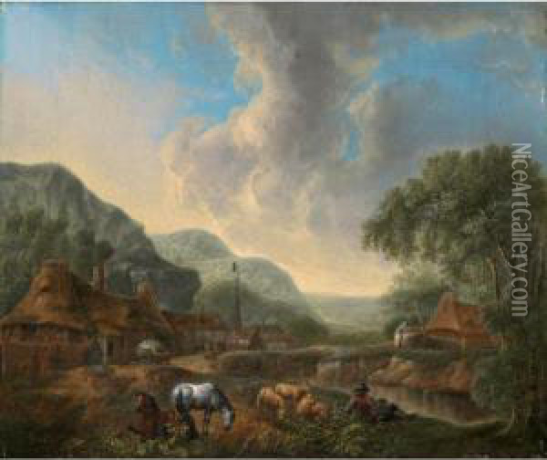 An Idealised Country Scene Oil Painting - Johann Jacob Schalch