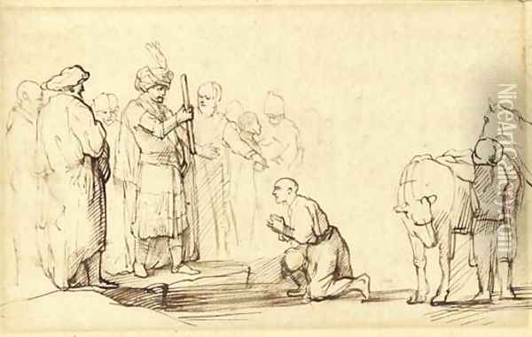 A man kneeling before men with turbans Oil Painting - Samuel Van Hoogstraten