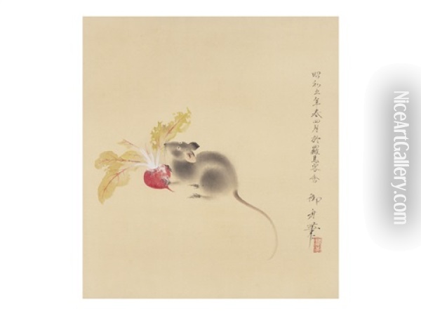 A Mouse With A Red Turnip Oil Painting - Gyoshu Hayami