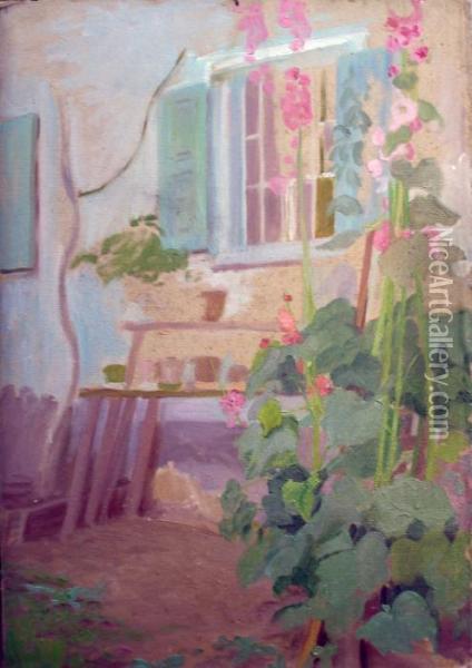 Les Roses Tremieres Du Jardin Oil Painting - Raphael-Leon Leguilloux