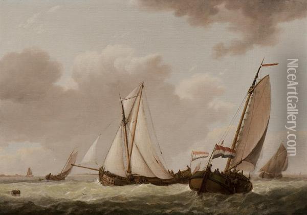 Ships On The Dutch Coast Oil Painting - Johannes Hermanus Koekkoek