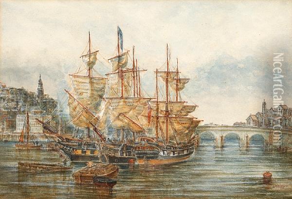 Ships At Anchor Before A Town And Bridge Oil Painting - W.T. Baldwin