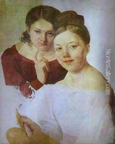 Portrait Of Artists Daughters Alexandra And Felisata 1830s Oil Painting - Aleksei Gavrilovich Venetsianov