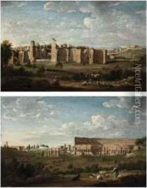 The Baths Of Caracalla, With The Lateran Beyond, Rome Oil Painting - Hendrik Frans Van Lint