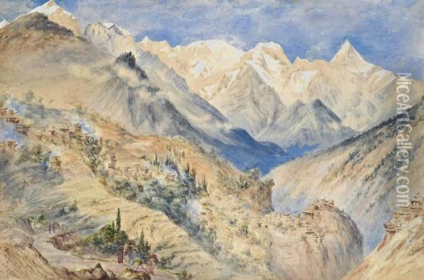The Khylas Peaks And Village Of Pangi Three Miles Above Chine On The Sutledge Oil Painting - Constance Fredericka Cumming