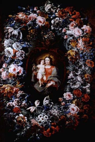 Madonna Im Blumenkranz (in Collab.w/jean Erasmus Quelinius) Oil Painting - Jean-Baptiste Morel