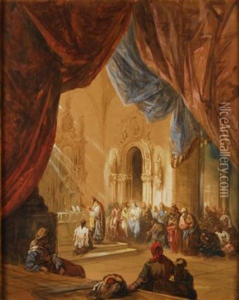 Misa En El Interior De Un Templo Oil Painting - Genaro Perez Villaamil Y Duguet