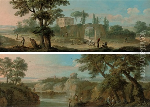 An Extensive Landscape With A Hunter, Drovers And Other Figures On A Track (+ A River Landscape With Anglers On A Bank; Pair) Oil Painting - Paolo Anesi