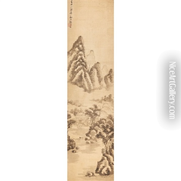 Hanging Scroll, Huts In A Mountain Landscape Oil Painting -  Zhang Wentao