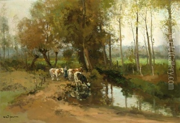 Watering Cows In A Wooded Landscape Oil Painting - Willem George Frederik Jansen