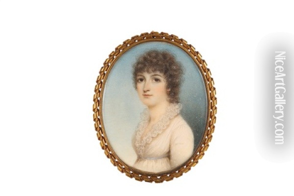 Portrait Miniature Of A Lady In White Dress With Frilled Neckline And Blue Ribbon Waistband Oil Painting - Nathaniel Plimer