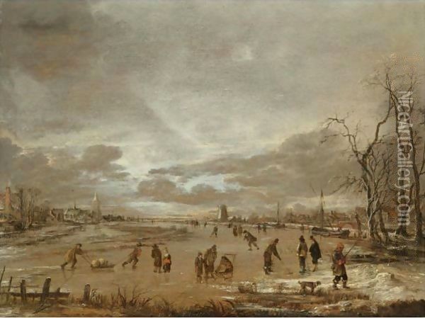 A Winter Landscape With Skaters And Kolf Players On A Frozen River Oil Painting - Aert van der Neer