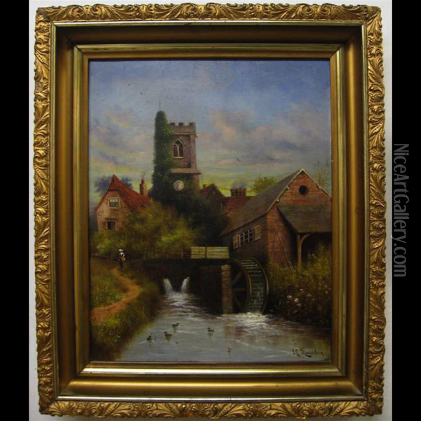The Church And Mill, Lullington, Somerset Oil Painting - J. Luxton Rawbon