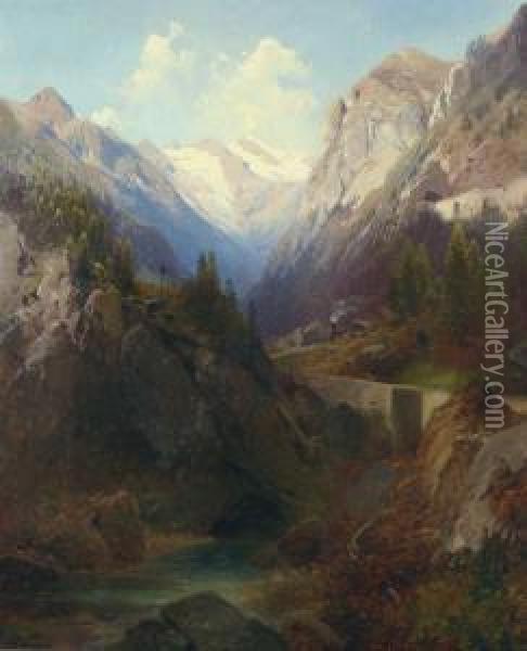 Alpenlandschaft Mit Dampflokomotive. Oil Painting - Adalbert Waagen