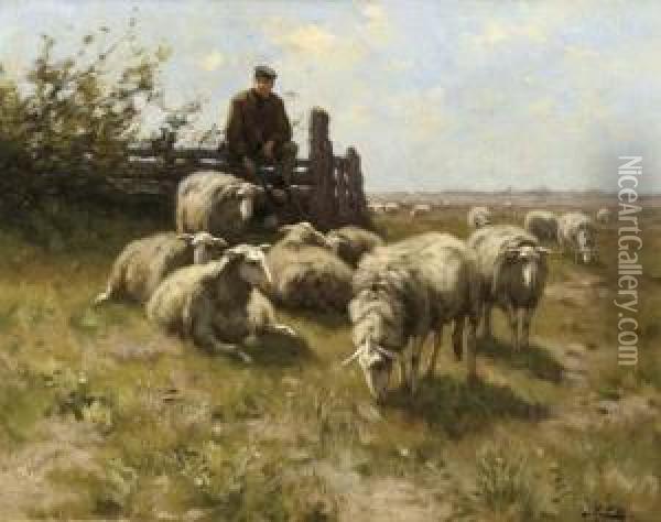 A Shepherd With His Flock Resting On The Heath Oil Painting - Johannes Karel Leurs
